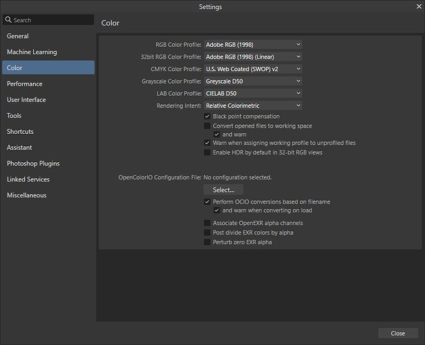 Affinity Color Settings